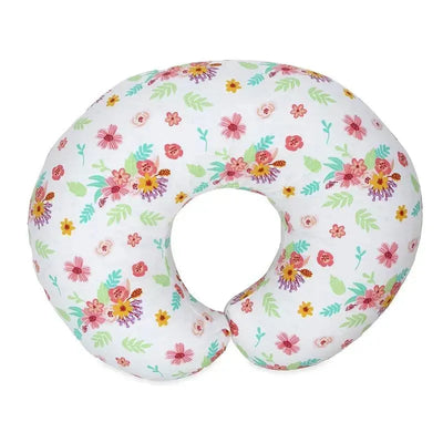 Support pillow for infant feeding and breastfeeding, featuring a bright floral design on a white background.