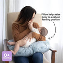 Bright floral nursing support pillow for infants, held by a mother helping baby achieve a natural feeding position.