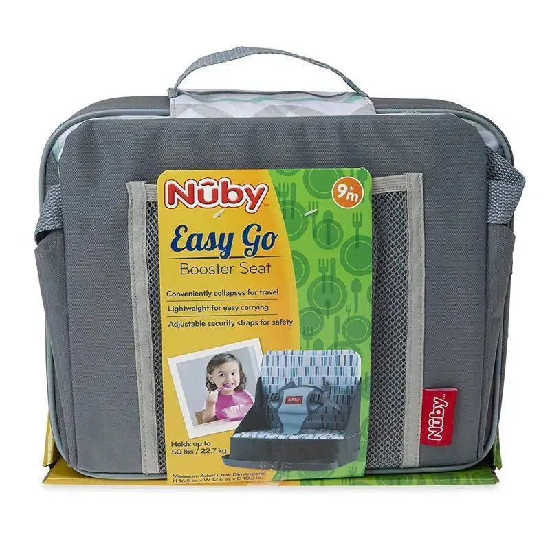 Nuby Easy Go Fabric Collapsible Booster Seat in grey with chevron design, features adjustable straps and holds up to 50 lbs.