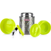 Stainless steel Nuby First Solids thermos in green with a spoon, two lids, and a bowl, designed for baby food storage.