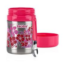 Nuby First Solids Stainless Steel Thermos in pink with floral design, 15 oz capacity, includes a spoon and matching lid.