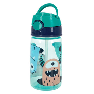 Nuby Flip-It Active Insulated Straw Bottle featuring colorful monster designs, with a teal cap and handle.