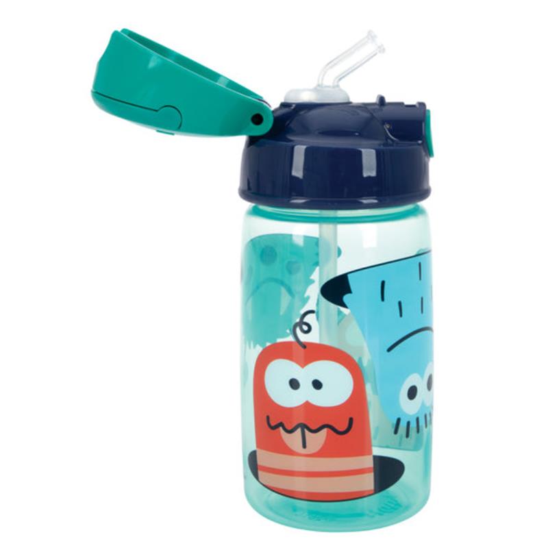 Nuby Flip-It Active In Staw Bottle with colorful cartoon character designs, including a red creature and a blue face.