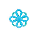 Flower-shaped teething toy in blue and aqua, featuring soft loops for infants to chew on.