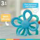 Flower-shaped teether toy in blue and aqua for infants, made of 100% silicone with fun textures and shapes.