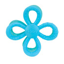 Flower-shaped infant teething toy in blue and aqua, with various textures and the Nuby logo on the center.