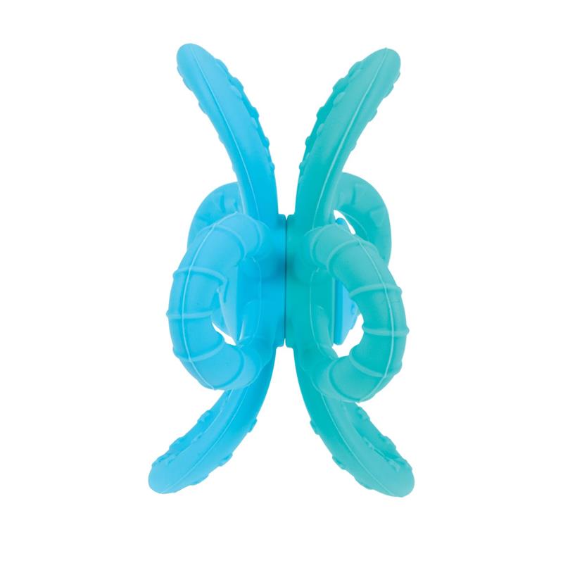 Flower-shaped teething toy in blue and aqua with textured loops for infants to soothe gums.
