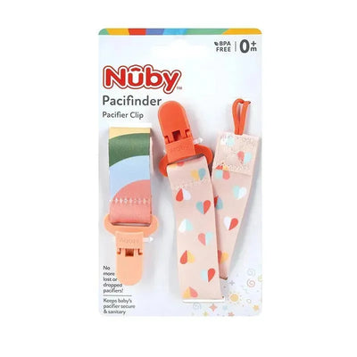 Two Nuby pacifier clip holders in peach tones, featuring playful patterns and plastic clips to secure pacifiers.