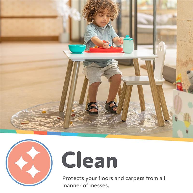 Child sitting at a small table with toys, surrounded by the Nuby High Chair Waterproof Floor Mat, promoting mess protection.