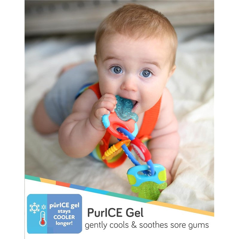 Baby holding Nuby Ice Gel Teether Keys with blue gel, looking at the camera, promoting soothing for sore gums.