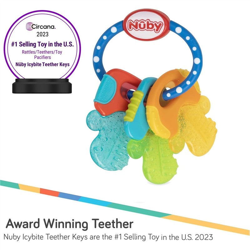 Nuby Ice Gel Teether Keys featuring colorful key-shaped teethers, designed for soothing infants during teething.
