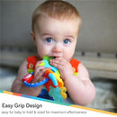 Nuby Ice Gel Teether Keys being held by a baby, who is chewing on it, with a focus on its easy grip design.