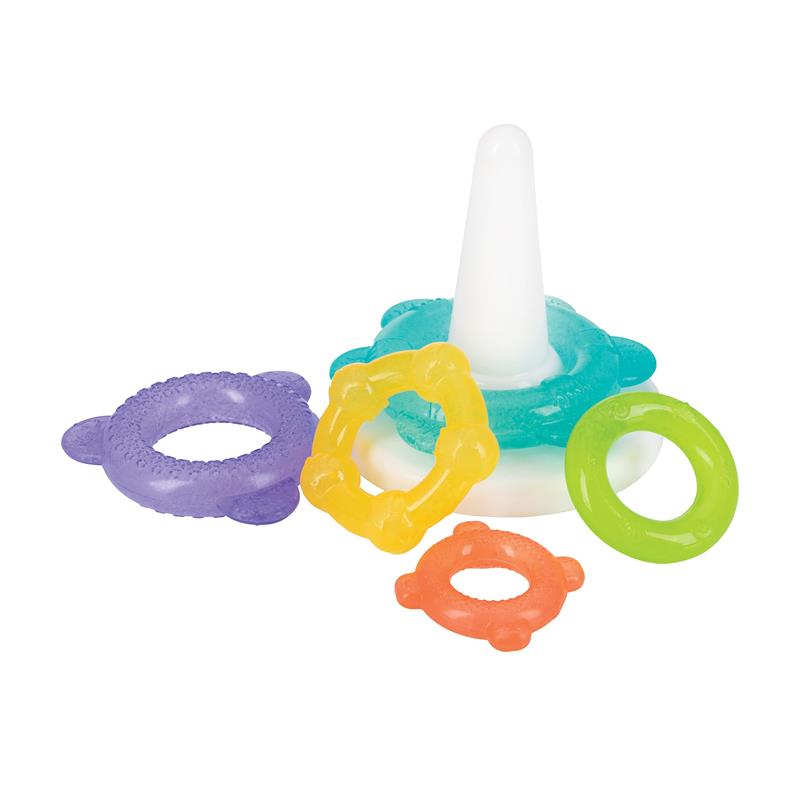 Nuby IcyBite Teethers featuring colorful ocean-themed rings for teething relief, including purple, orange, yellow, and green rings.