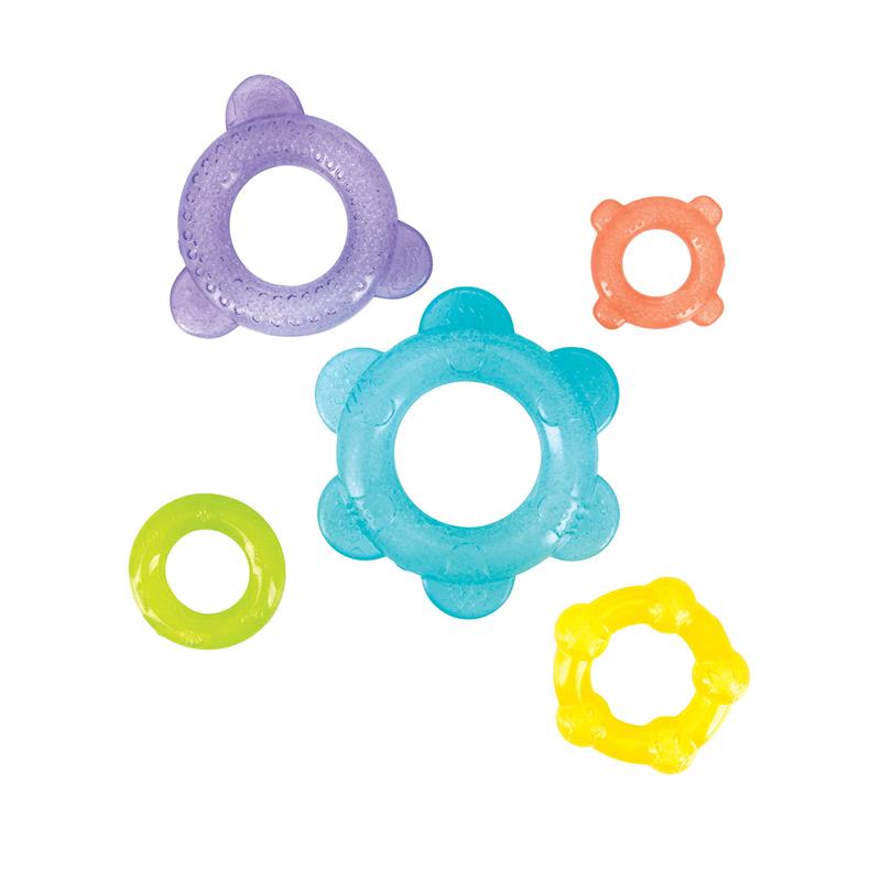 Colorful Nuby IcyBite Teether rings in various shapes and sizes, designed for teething relief.