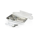 Insulated stainless steel travel lunch box with a white lid, divided into four compartments, accompanied by a spoon and fork.