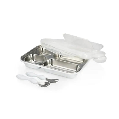 Insulated stainless steel travel lunch box with a white lid, divided into four compartments, accompanied by a spoon and fork.