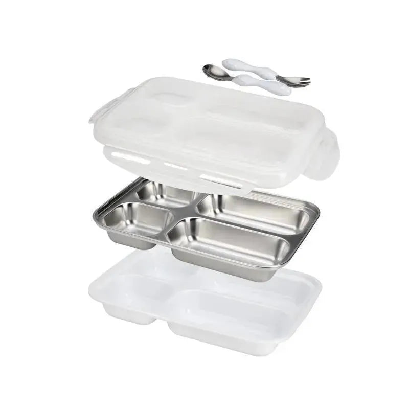 Insulated stainless steel travel lunch box by Nuby, featuring a white outer container, two stainless steel compartments, and utensils.