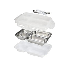 Insulated stainless steel travel lunch box by Nuby, featuring a white outer container, two stainless steel compartments, and utensils.