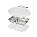 Insulated stainless steel travel lunch box by Nuby, featuring a white outer container, two stainless steel compartments, and utensils.