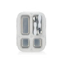 Insulated stainless steel travel lunch box by Nuby, featuring multiple compartments and included utensils.