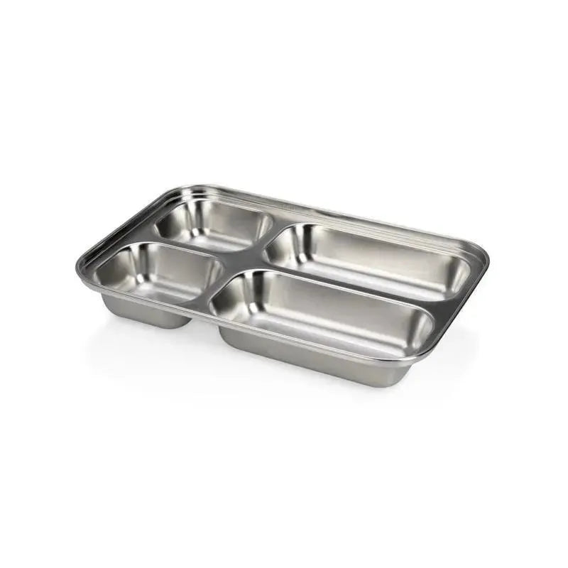 Insulated stainless steel travel lunch box by Nuby, featuring four separate compartments for meal organization.
