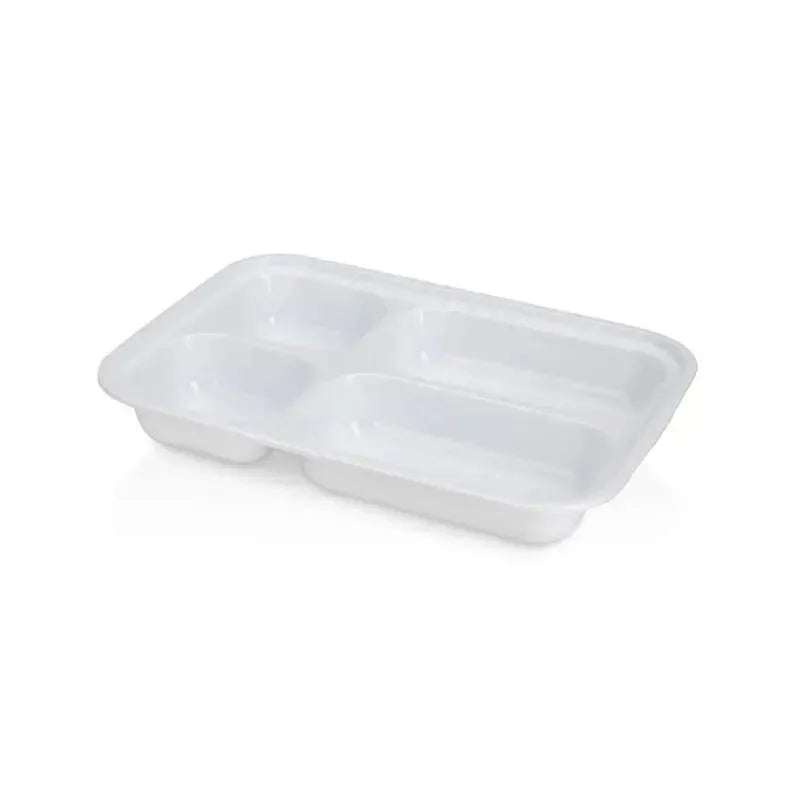 Insulated stainless steel travel lunch box with a white exterior and four compartments for food storage.