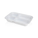 Insulated stainless steel travel lunch box with a white exterior and four compartments for food storage.