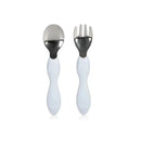 Insulated stainless steel travel lunch box and white utensils, featuring a spoon and fork with ergonomic handles.