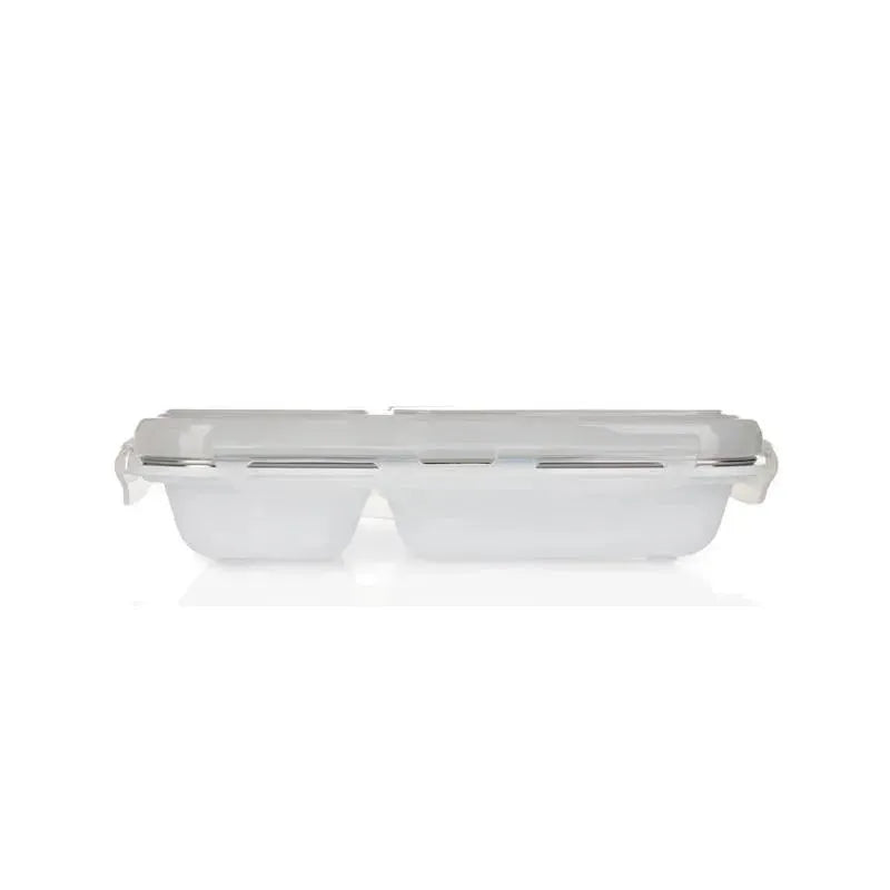Insulated stainless steel travel lunch box by Nuby, featuring a white exterior and two separate compartments.