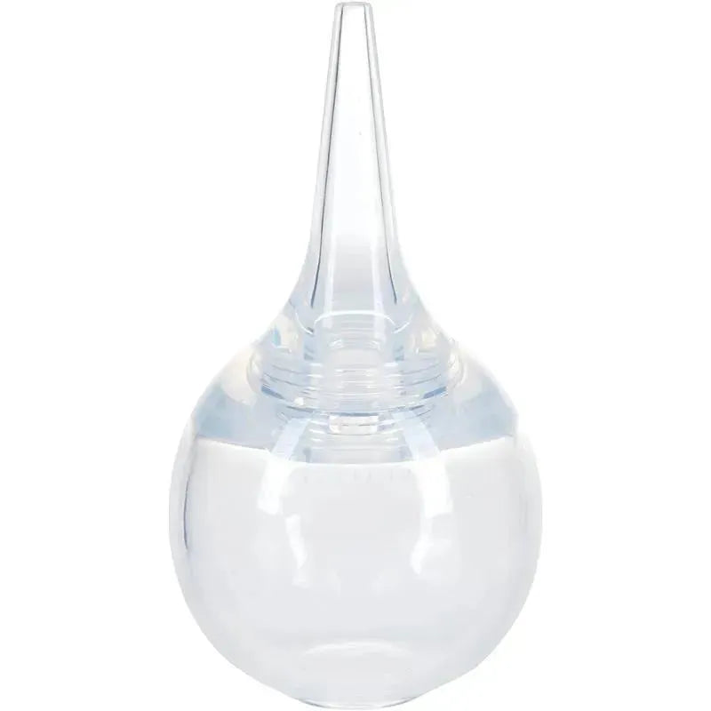 Large bulb nasal aspirator with a tapered nozzle and transparent spherical body, includes a hygienic case.