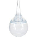 Large bulb nasal aspirator with a tapered nozzle and transparent spherical body, includes a hygienic case.