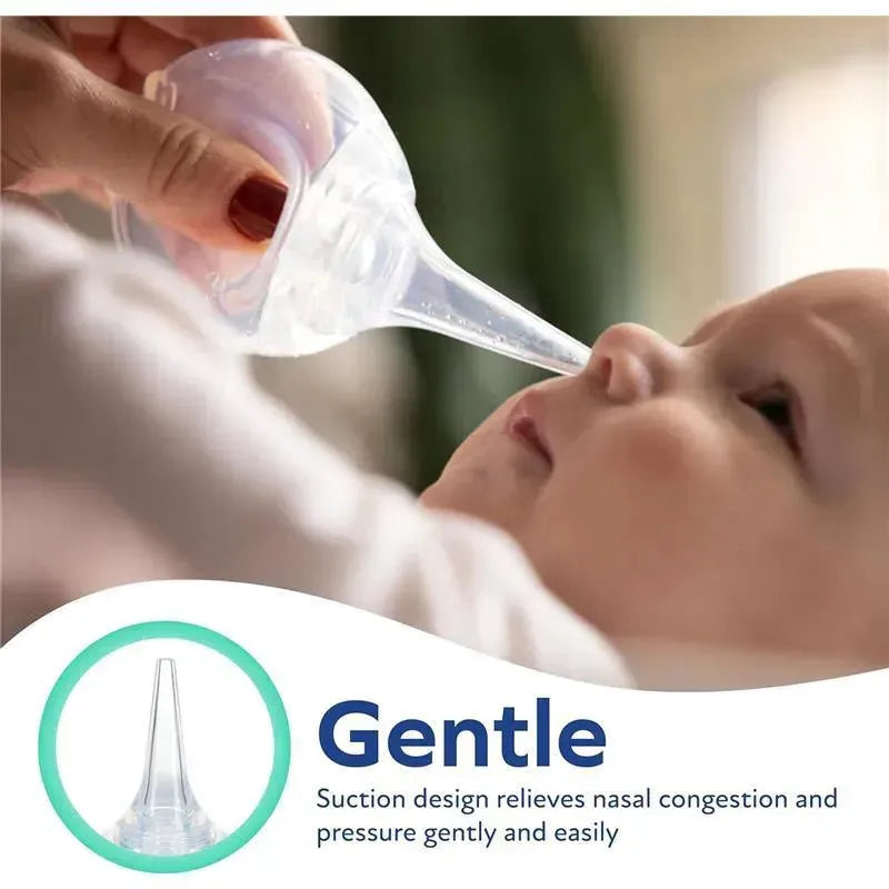 Nuby large bulb nasal aspirator gently relieves nasal congestion in a baby, held by a caregiver.