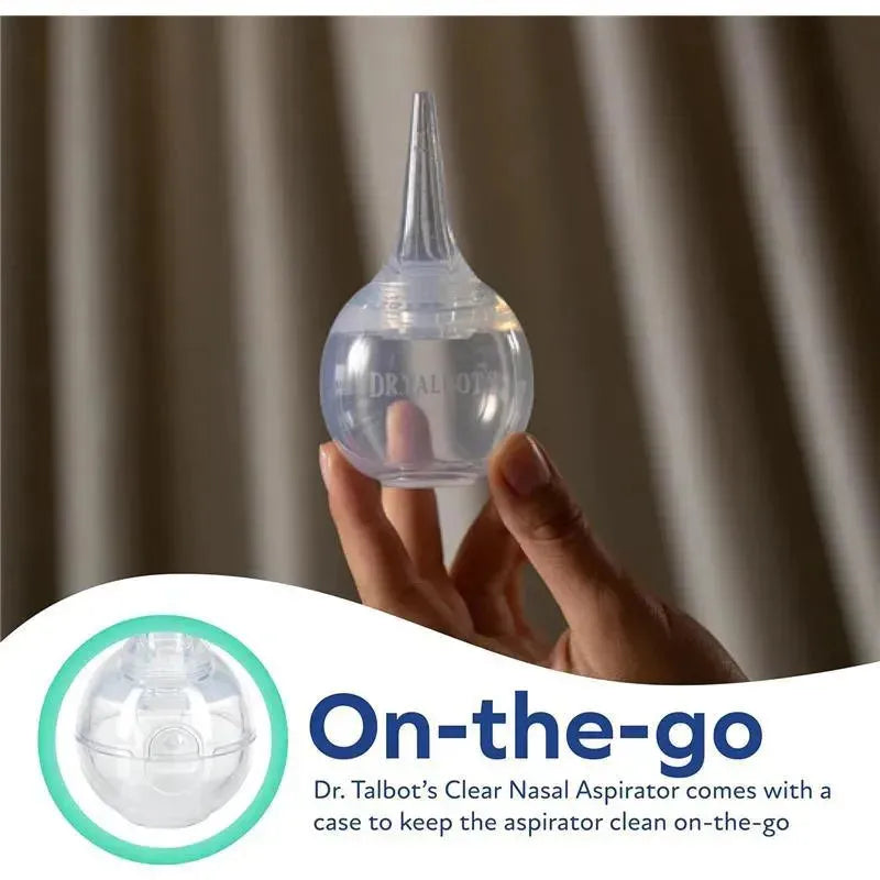 Large bulb nasal aspirator held in a hand, designed for nasal hygiene, with a clear hygienic case for portability.