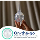 Large bulb nasal aspirator held in a hand, designed for nasal hygiene, with a clear hygienic case for portability.