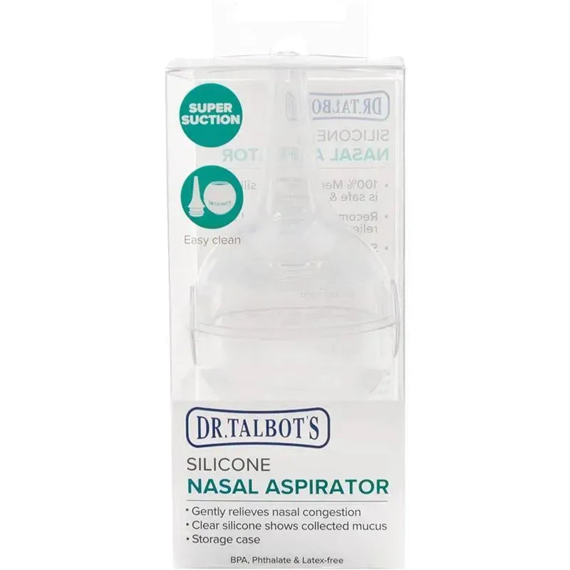 Nuby large bulb nasal aspirator in clear silicone packaging, featuring storage case, for gentle nasal congestion relief.