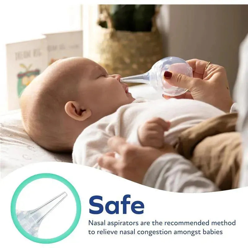 Nuby Large Bulb Nasal Aspirator is being used on a baby to relieve nasal congestion; hygienic case visible.