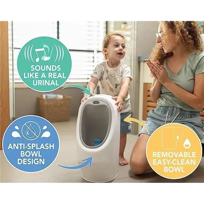 Nuby My Real Urinal Training Toilet with anti-splash design, removable bowl, and sound feature; child and adult engaged in toilet training.