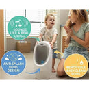 Nuby My Real Urinal Training Toilet with anti-splash design, removable bowl, and sound feature; child and adult engaged in toilet training.