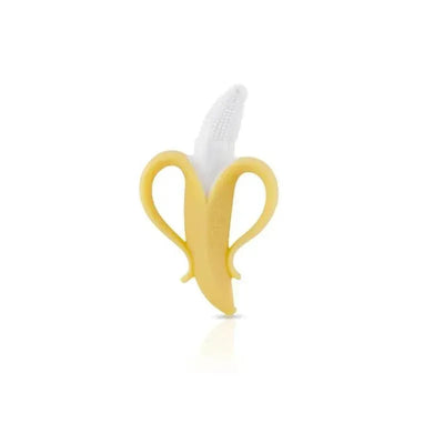 Nuby Nana Nubs Gum Massager Teether designed like a banana, featuring textured silicone and soft handles for easy grasping.