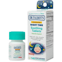Nuby chamomile Night Time Soothing Tablets, 140 quick-dissolve tablets for teething babies, with a teal bottle and colorful box design.