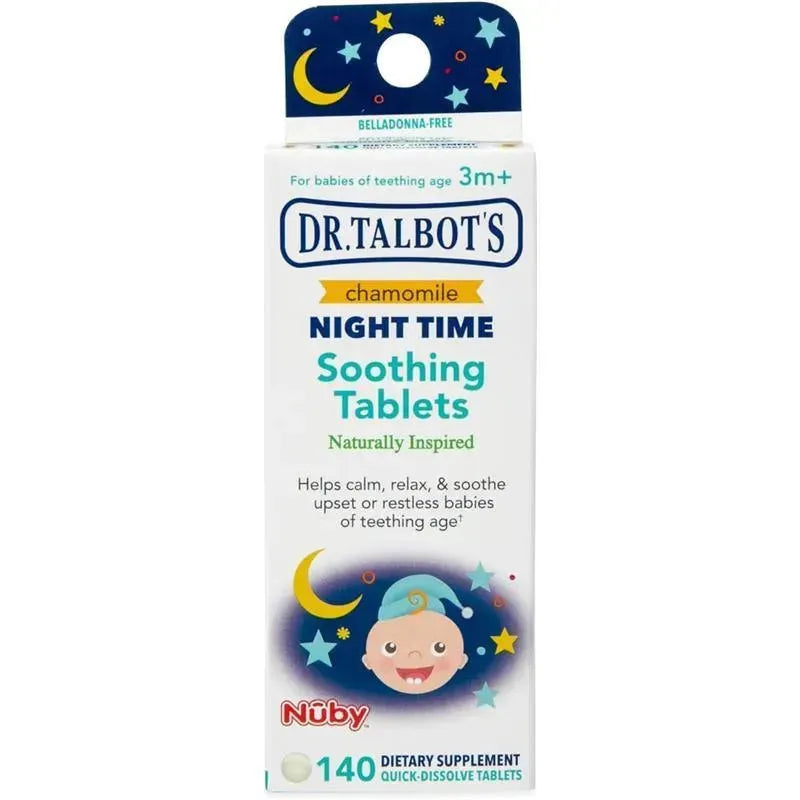 Nuby Night Time Chamomile Soothing Tablets box, designed for teething babies 3 months and up, with 140 quick-dissolve tablets.