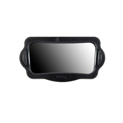 Nuby Baby View Mirror, a black rear-view mirror designed for car safety, featuring a curved reflective surface and side handles.