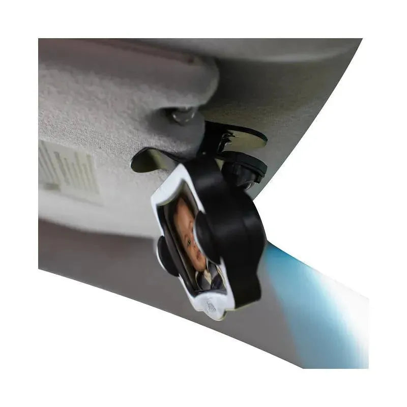 Nuby Baby View Mirror attached to a car seat, providing a view of a baby’s face.
