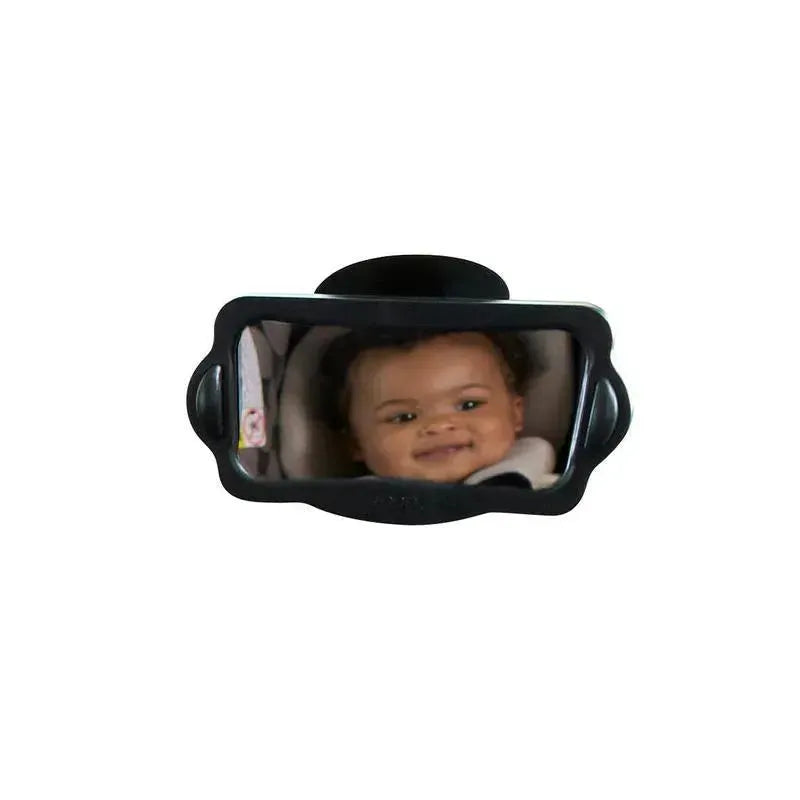 Nuby Baby View Mirror displaying a smiling baby in a car seat, designed for rearward visibility in vehicles.