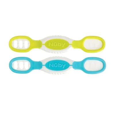 Nuby Dip & Scoop Spoons in green and blue, designed for easy feeding; features textured grips and soft tips.