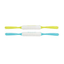 Two Nuby Dip & Scoop Spoons in neutral colors, one yellow and one blue, featuring soft grips for easy handling.