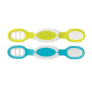 Two Nuby Dip & Scoop Spoons in neutral colors—one yellow and one blue—designed for feeding infants.