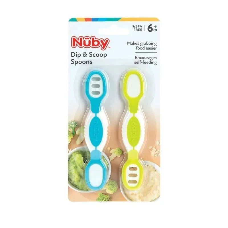 Nuby Dip & Scoop Spoons, two-pack in blue and green, designed for easy food grabbing and self-feeding, BPA free.