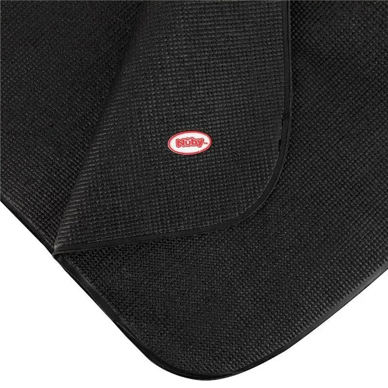 Nuby On The Go Kids Car Seat Protection Undermat in black, featuring a textured surface and logo tag.