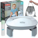 Portable potty seat by Nuby, suitable for travel, with a child sitting on a white potty, packaging and accessories included.